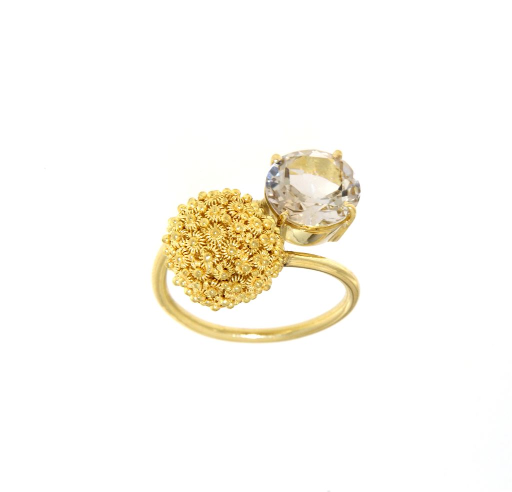 Gold contrarié ring with imperial topaz and honycomb filigree sphere