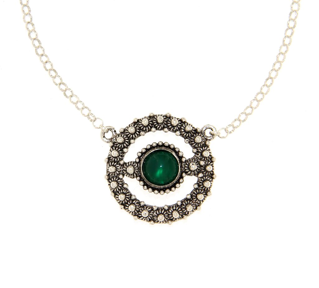 Silver necklace with rolò chain and central element with green agate