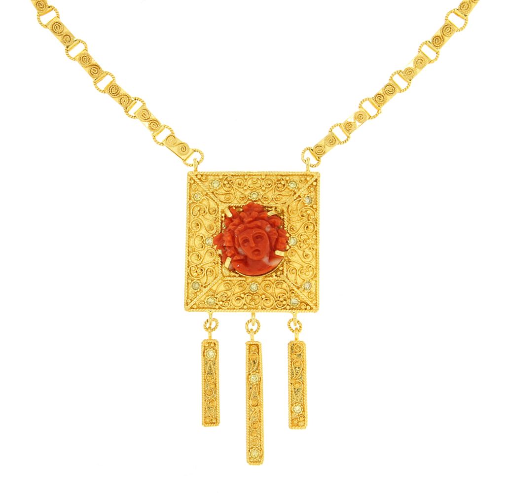 Gold necklace with coral cameo and diamonds