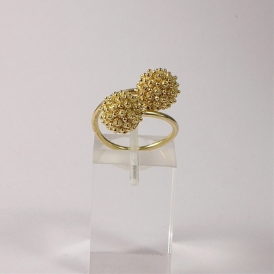 Gold ring with honeycomb filigree spheres