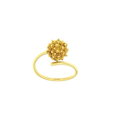 Gold ring with honeycomb filigree sphere