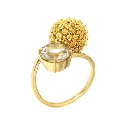 Gold contrarié ring with imperial topaz and honycomb filigree sphere