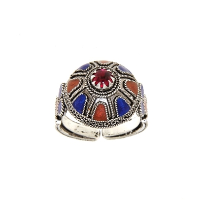 Silver ring with red stone and enamels