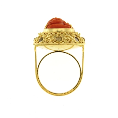 Gold ring with coral and diamonds