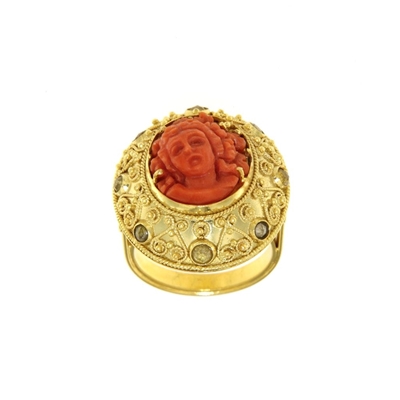 Gold ring with coral and diamonds