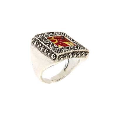 Silver  filigree ring  with red brocade.
