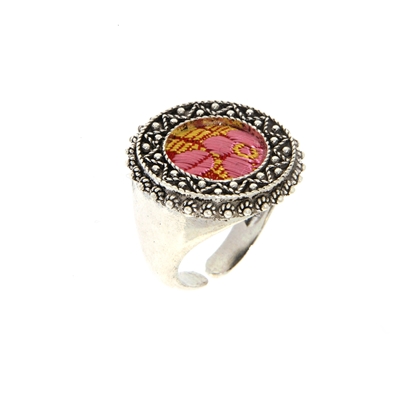 Silver filigree  ring with red brocade
