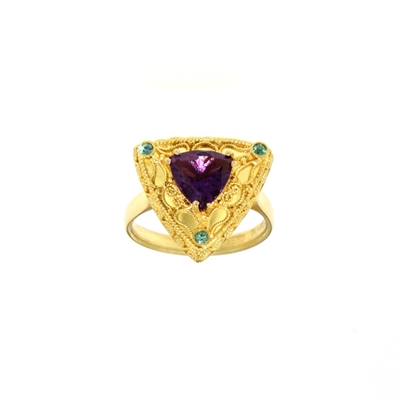 Gold ring with amethyst and emeralds