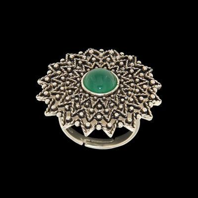 Anello sardo in filigrana Girasole in argento con agata verde (32 mm)