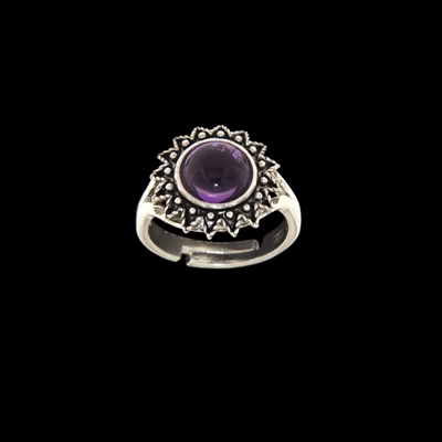 Silver ring with filigree sunflower and amethyst (15 mm)