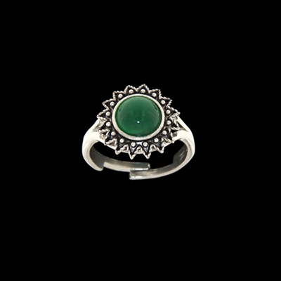 Silver ring with filigree sunflower and green agate (15 mm)