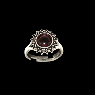 Silver ring with filigree sunflower and garnet (15 mm)