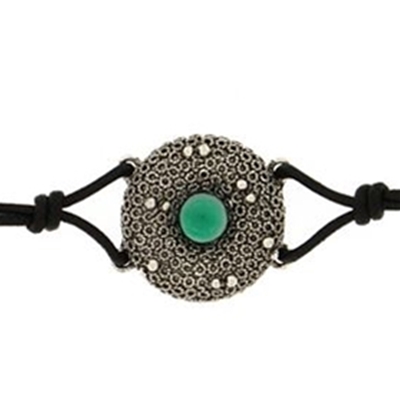 Bracciale in cotone con elementi in filigrana d´argento e agata verde