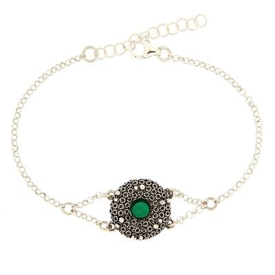 Bracciale con catena rolò, elementi in filigrana d´argento e agata verde