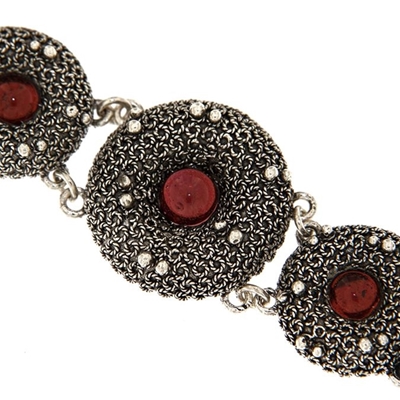 Bracciale in cotone con elementi in filigrana d´argento e granati
