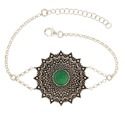 Bracciale sardo in filigrana Girasole in argento con agata verde (32 mm)