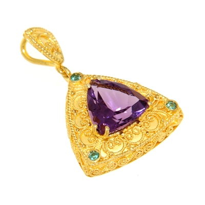Gold pendant with amethyst and emeralds
