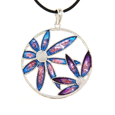 Ciondolo in argento con fiori di filigrana smaltati