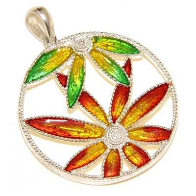 Ciondolo in argento con fiori di filigrana smaltati