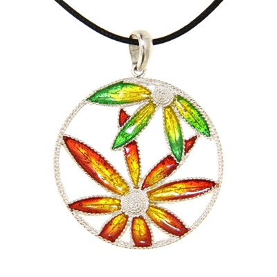 Ciondolo in argento con fiori di filigrana smaltati
