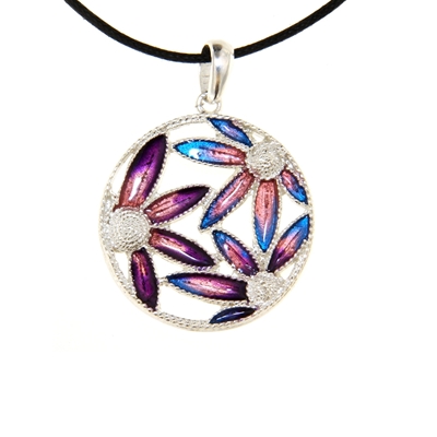 Ciondolo in argento con fiori di filigrana smaltati