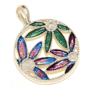 Ciondolo in argento con fiori di filigrana smaltati