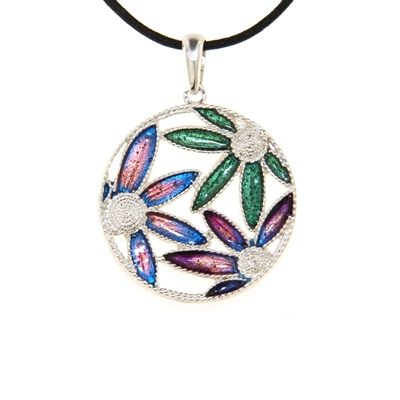 Ciondolo in argento con fiori di filigrana smaltati