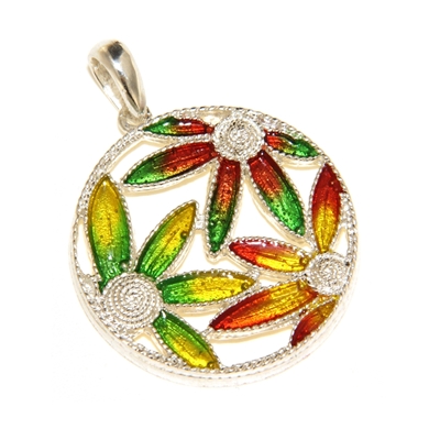 Ciondolo in argento con fiori di filigrana smaltati
