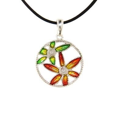 Ciondolo in argento con fiori di filigrana smaltati