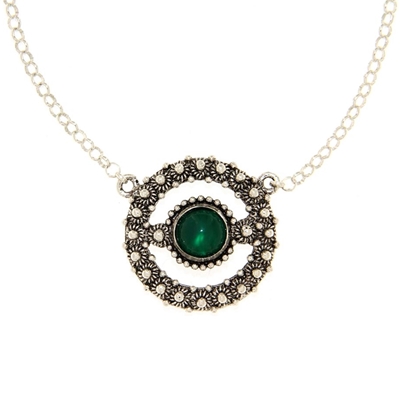 Silver necklace with rolò chain and central element with green agate