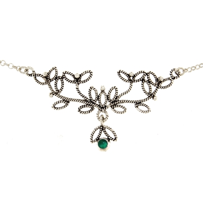 Collana rami di mirto in filigrana d´argento con agata verde