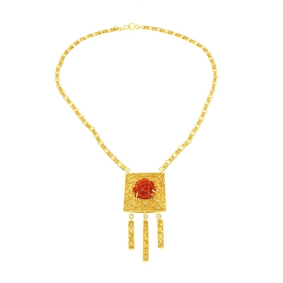 Gold necklace with coral cameo and diamonds