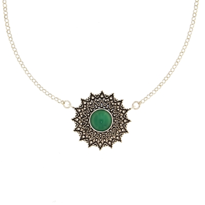 Collana sarda in filigrana Girasole in argento con agata verde (24 mm)