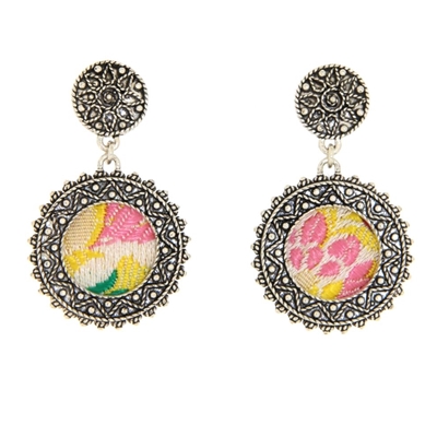Silver filigree earrings with brocade