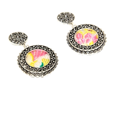 Silver filigree earrings with brocade