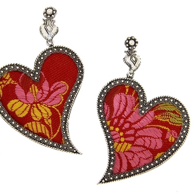 Silver hearts earrings with red brocade