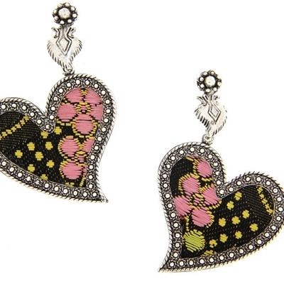 Silver hearts earrings with black brocade