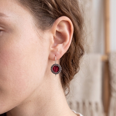 Sterling Silver Earrings with Filigree Rose Wreath and Black Brocade