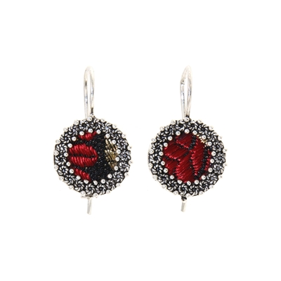 Orecchini d´argento con corona di rose in filigrana e broccato nero