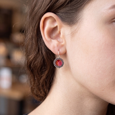Sterling Silver Earrings with Filigree Rose Wreath and Red Brocade