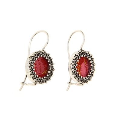 Orecchini d´argento con corona di rose in filigrana e broccato rosso