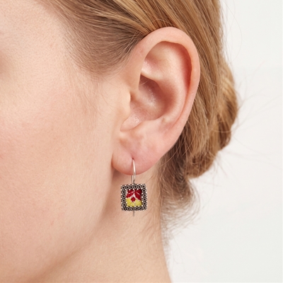 Sterling Silver Earrings with Filigree Square Rose Wreath and White Brocade