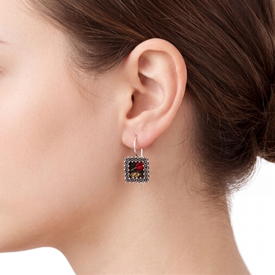 Sterling Silver Earrings with Filigree Square Rose Wreath and Black Brocade