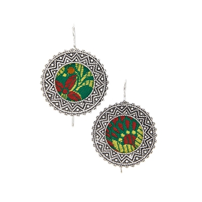 Silver filigree earrings with green brocade