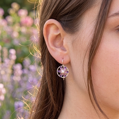 Silver Earrings with Enameled Filigree Flower