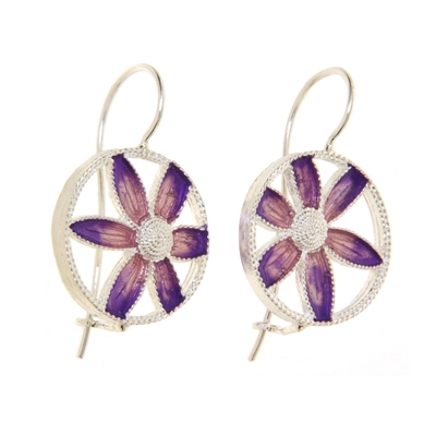 Silver Earrings with Enameled Filigree Flower