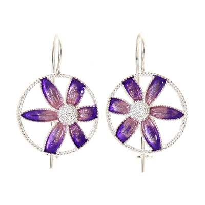Silver Earrings with Enameled Filigree Flower
