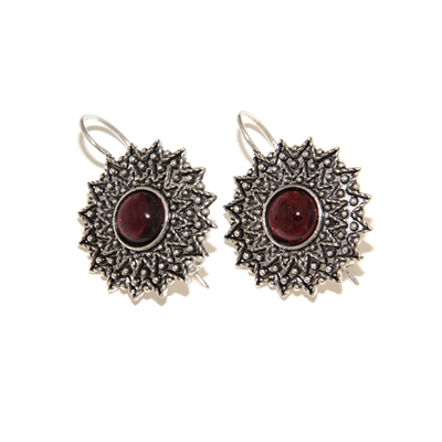 Orecchini d´argento girasole di filigrana con granato (24 mm)
